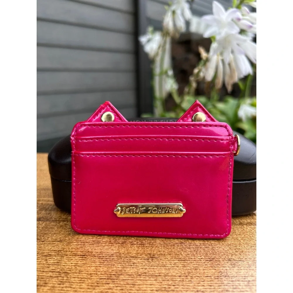 Betsey Johnson Cat Card Holder Hot Pink Studded Faux Patent Leather Y2K Wallet